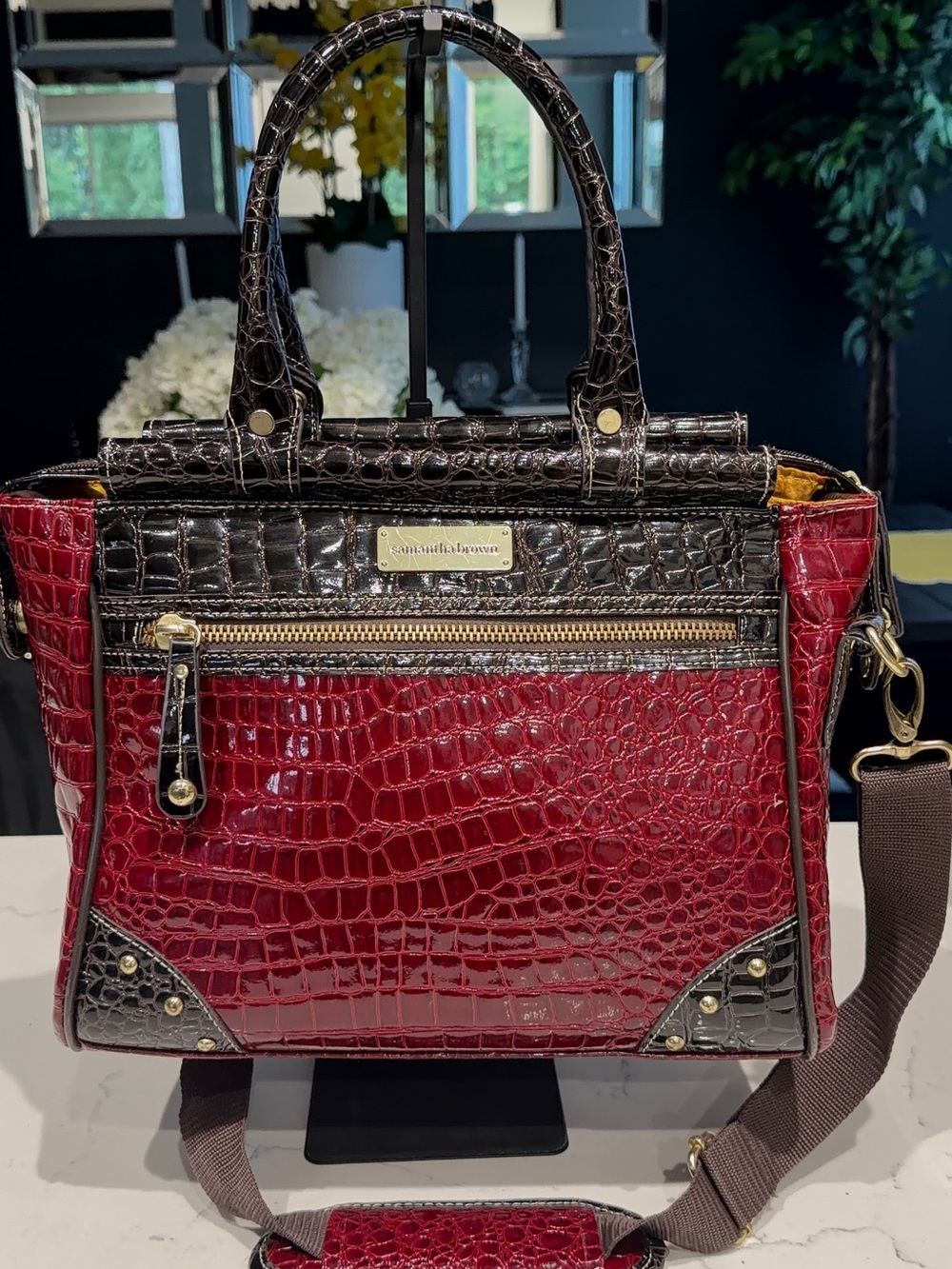 Croc-Embossed Satchel with Gold Hardware - Burgundy & Dark Brown